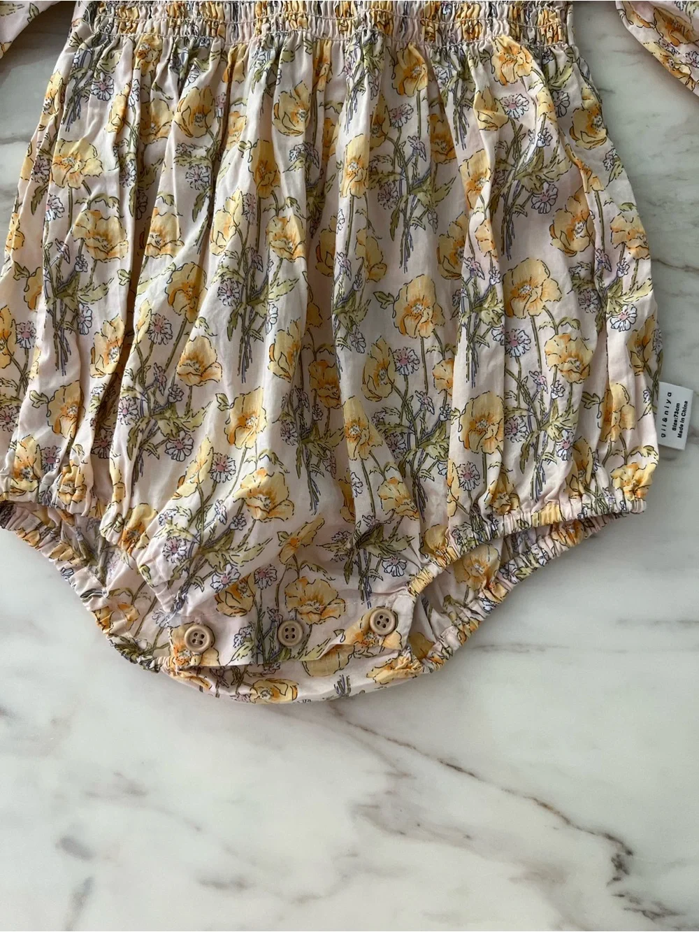 Smocked Yellow Floral Baby Romper with White Ruffle Collar